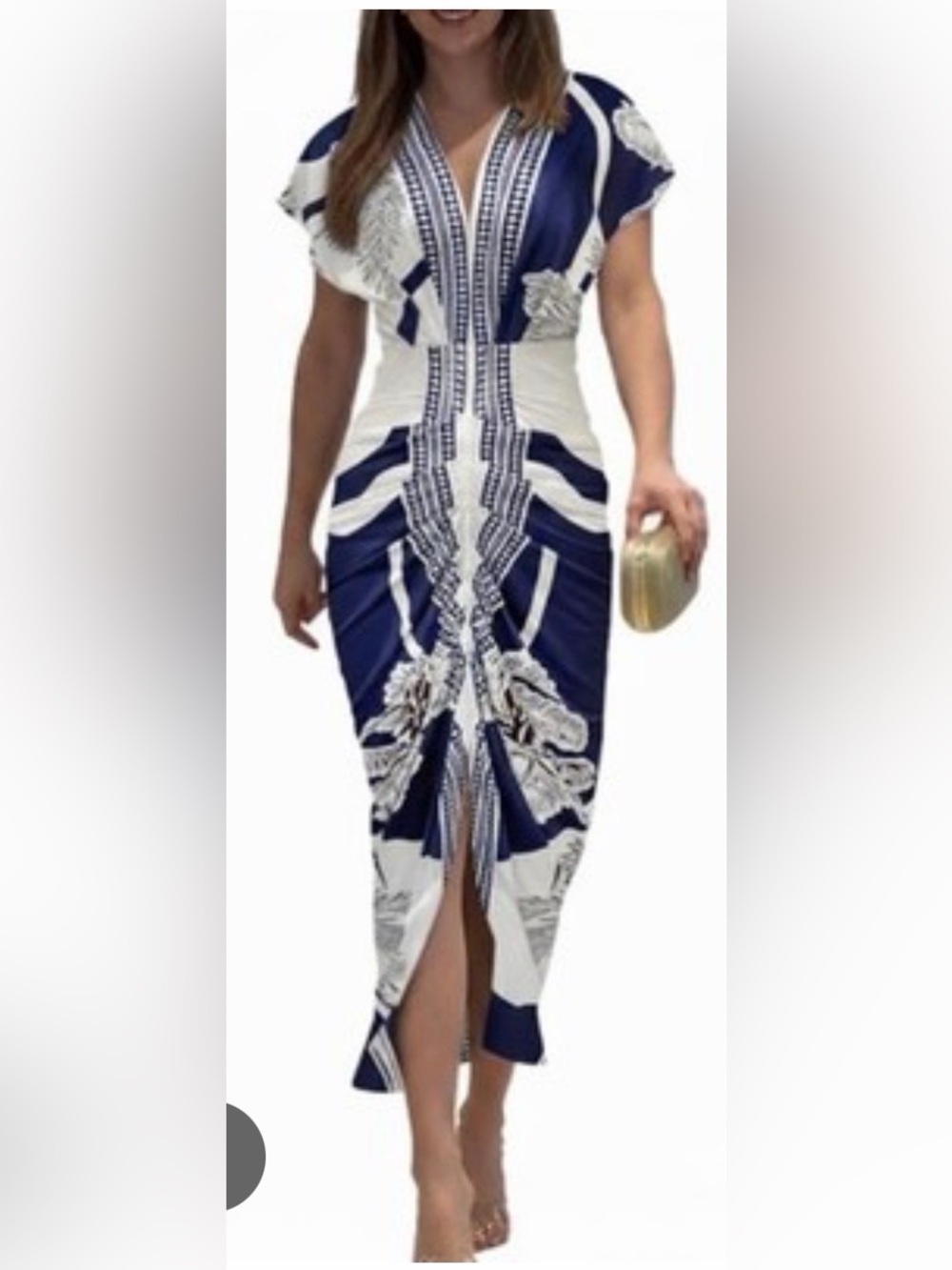 Commense Navy and White Midi Dress with Front Slit